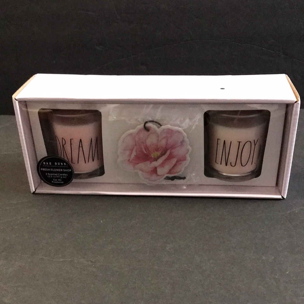 New Rae Dunn DREAM ENJOY Scented Candles & Car Freshener Gift Set pink NIB
